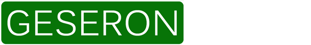 A green and white logo with the word geseron.